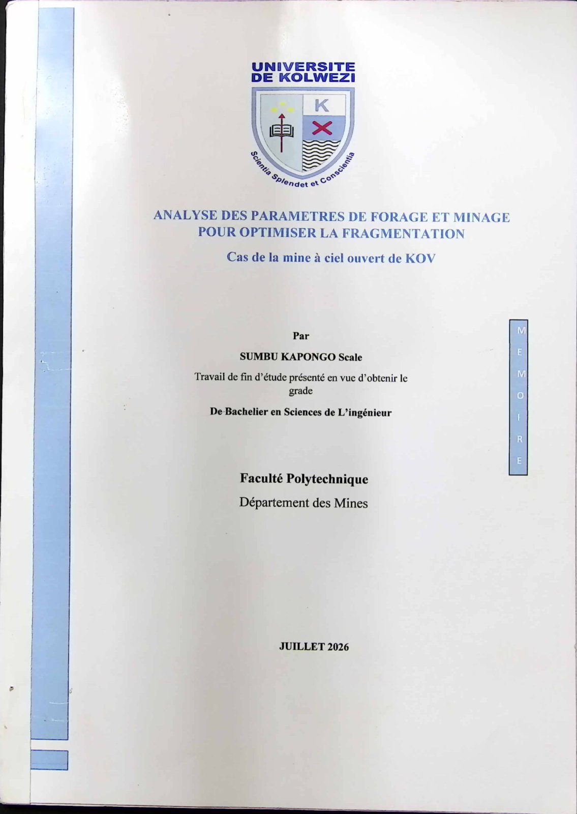 First page of ANALYSE DES PARAMETRES DE FORAGE ET MINAGE POUR OPTIMISER LA FRAGMENTATION