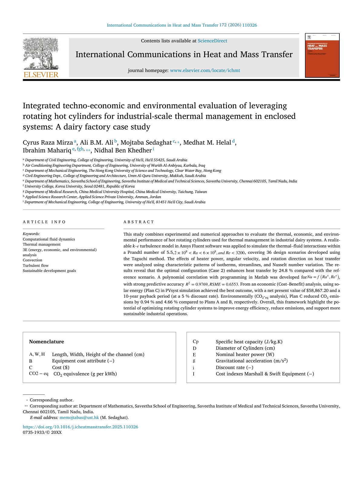 First page of Integrated techno-economic and environmental evaluation of leveraging rotating hot cylinders for industrial-scale thermal management in enclosed systems: A dairy factory case study