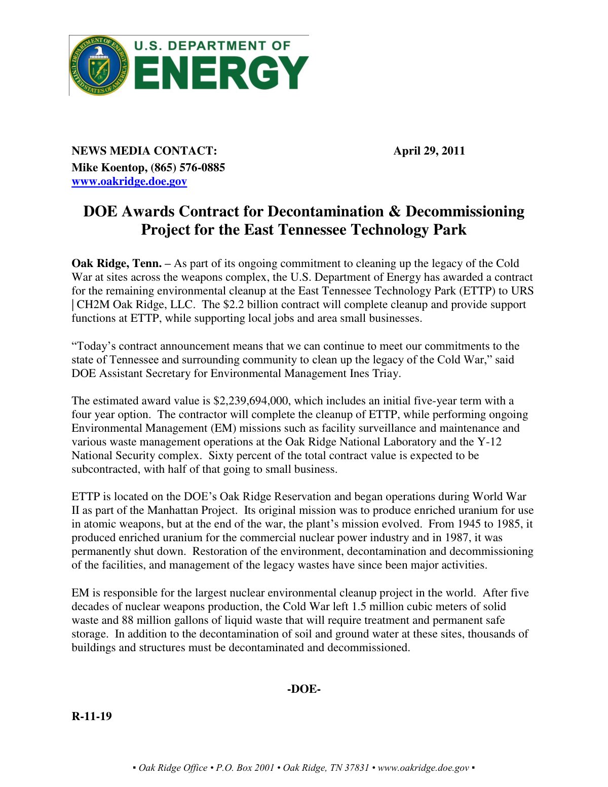First page of DOE Awards Contract for ETTP DD