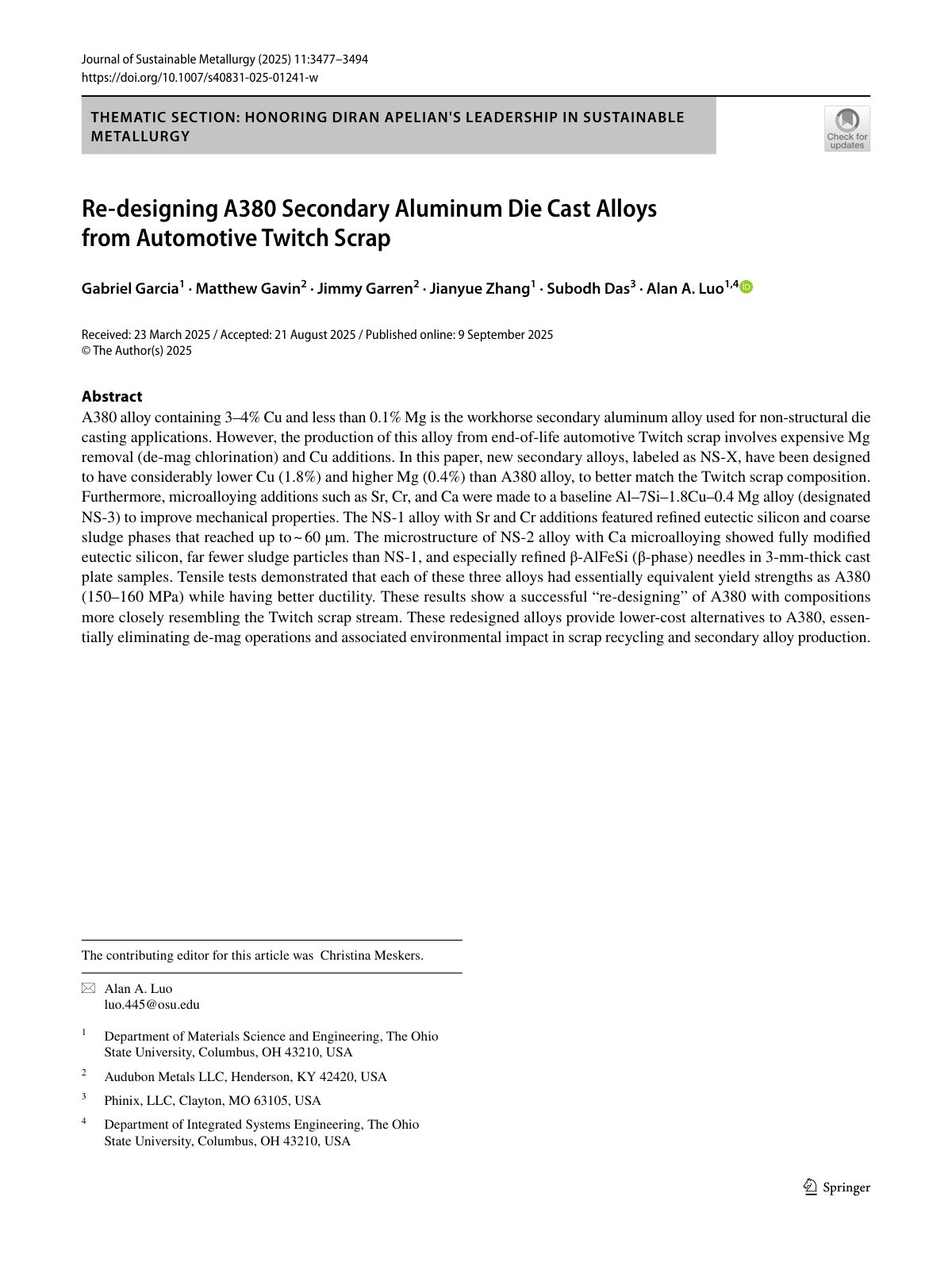 First page of 2025 Garcia A380 Secondary Aluminum Die Cast Alloys