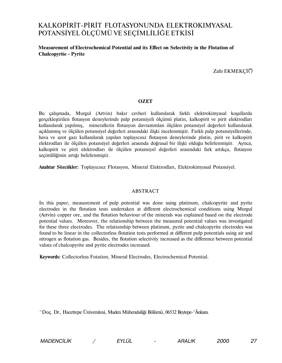 First page of KALKOPİRİT-PİRİT FLOTASYONUNDA ELEKTROKIMYASAL POTANSİYEL ÖLÇÜMÜ VE SEÇİMLİLİĞE ETKİSİ