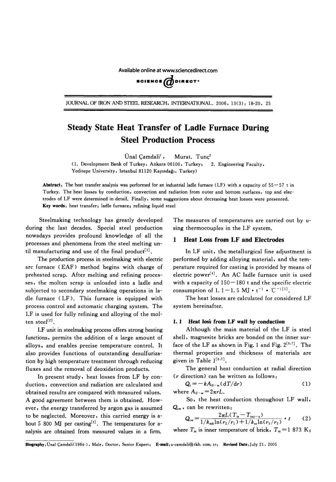 First page of Steady State Heat Transfer of Ladle Furn