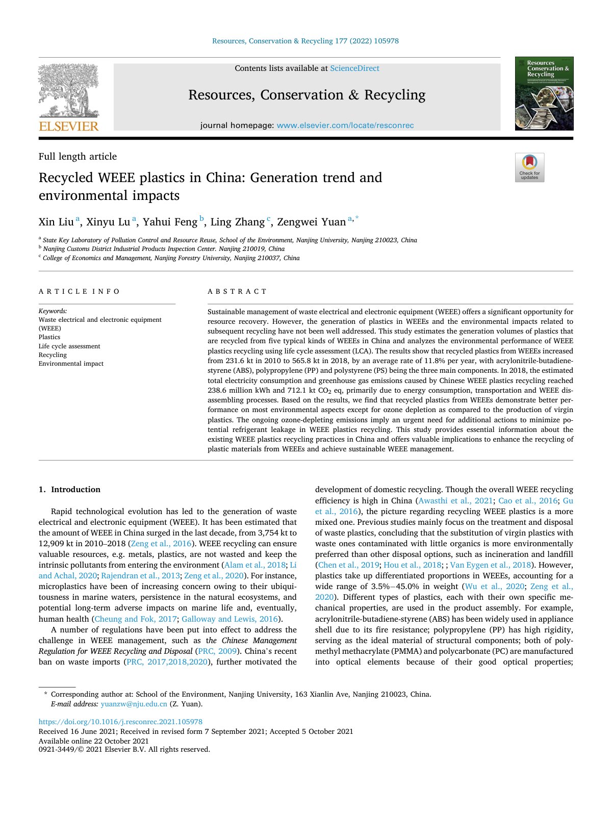First page of Recycled WEEE plastics in China  Generation tre 2022 Resources  Conservation