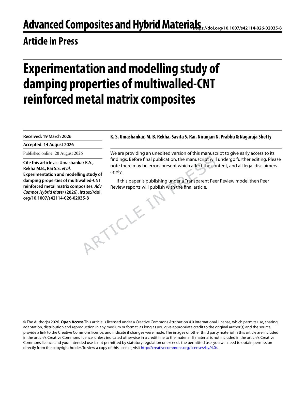 First page of 2026 Umashankar MWCNT Metal Matrix Damping