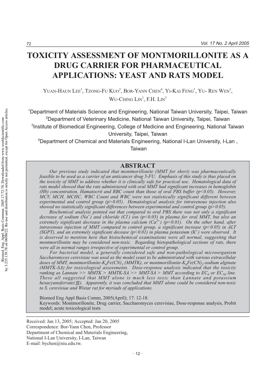 First page of Toxicity assessment of montmorillonite as a drug carrier for pharmaceutical applications: yeast and rats model