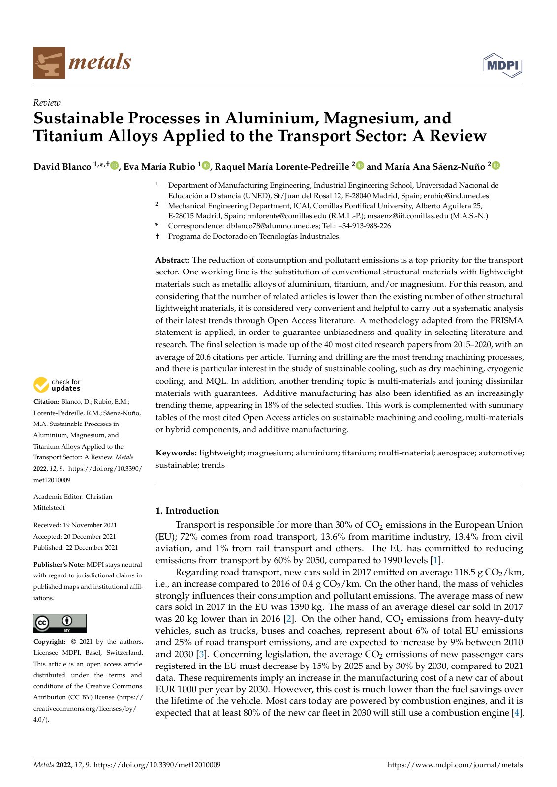 First page of Sustainable Processes in Aluminium, Magnesium, and Titanium Alloys Applied to the Transport Sector: A Review