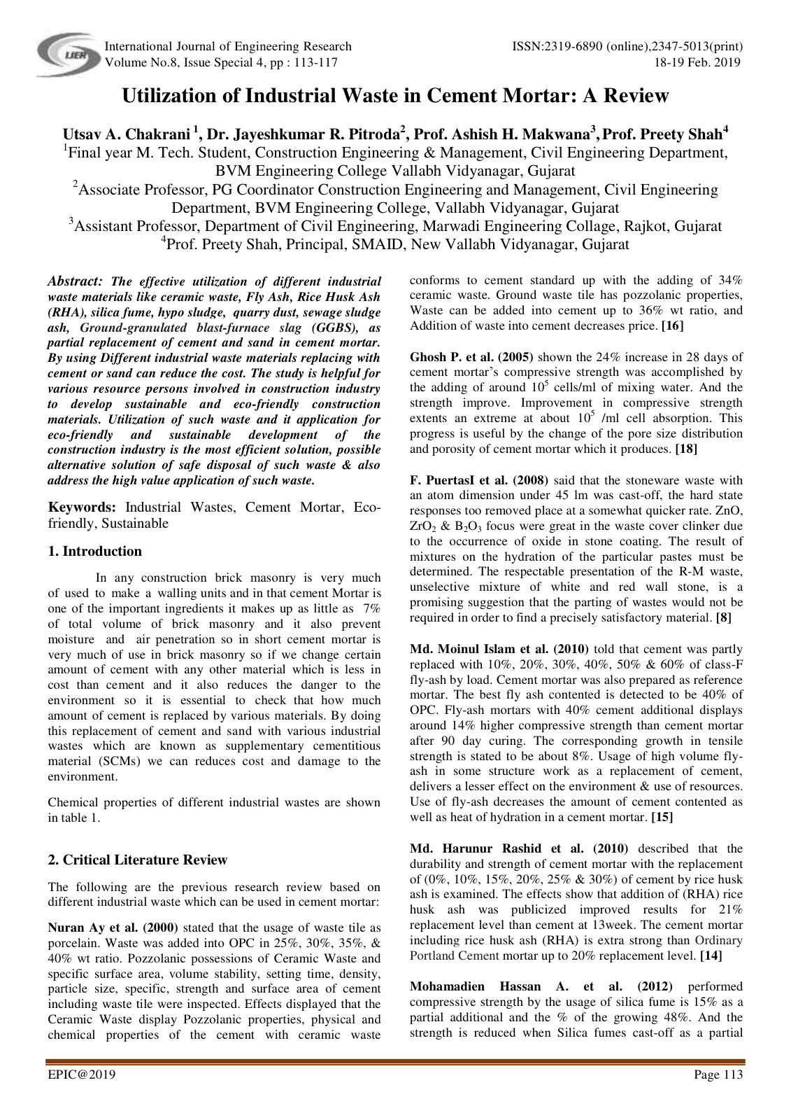 First page of Utilization of Industrial Waste in Cement Mortar: A Review