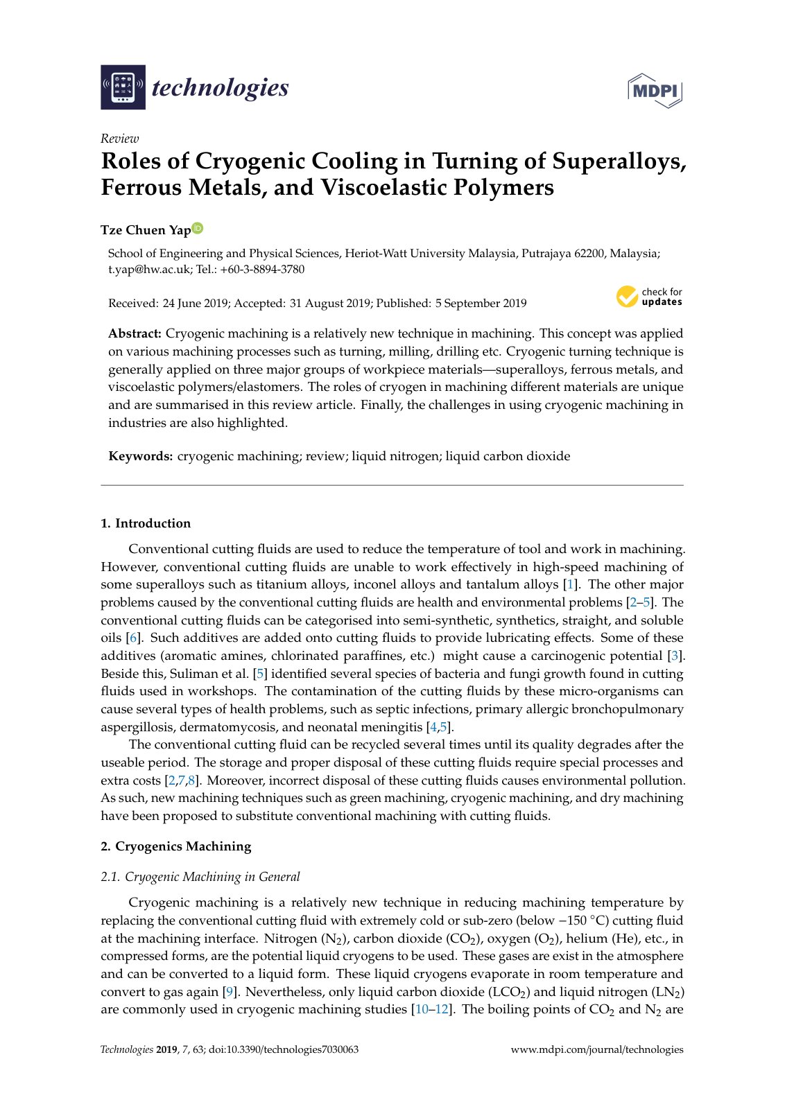 First page of Roles of Cryogenic Cooling in Turning of Superalloys, Ferrous Metals, and Viscoelastic Polymers