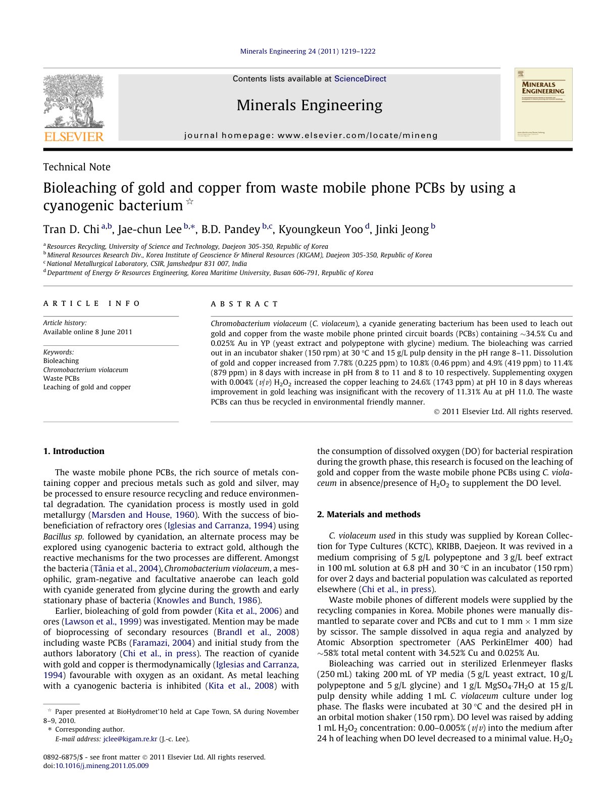 First page of Bioleaching of gold and copper from wast