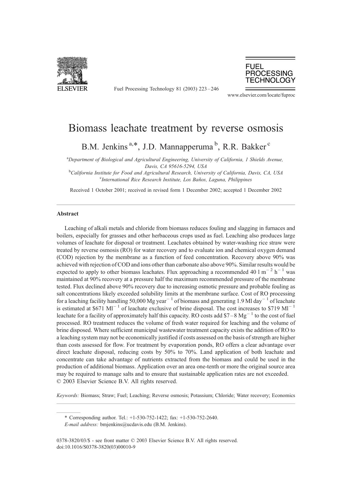 First page of Biomass leachate treatment by reverse os