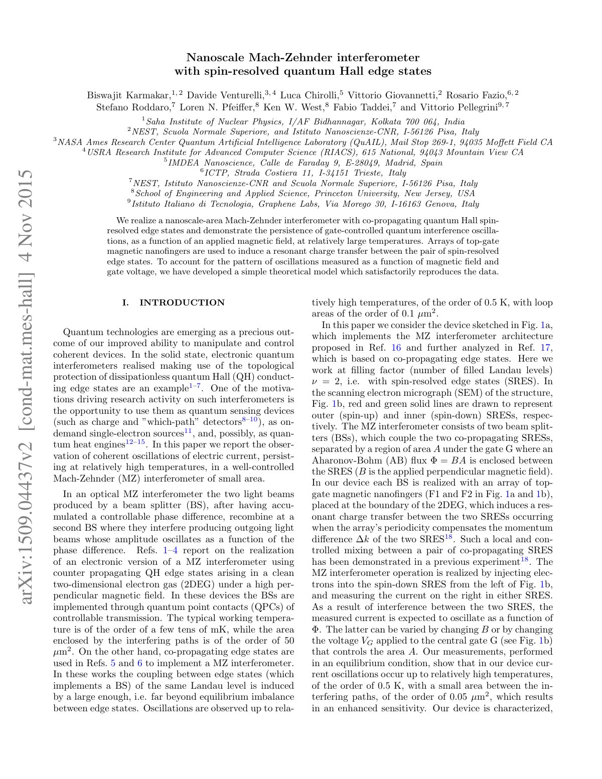 First page of Nanoscale Mach-Zehnder interferometer with spin-resolved quantum Hall edge states