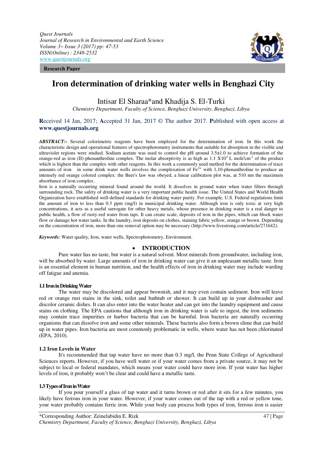 First page of Iron determination of drinking water wel