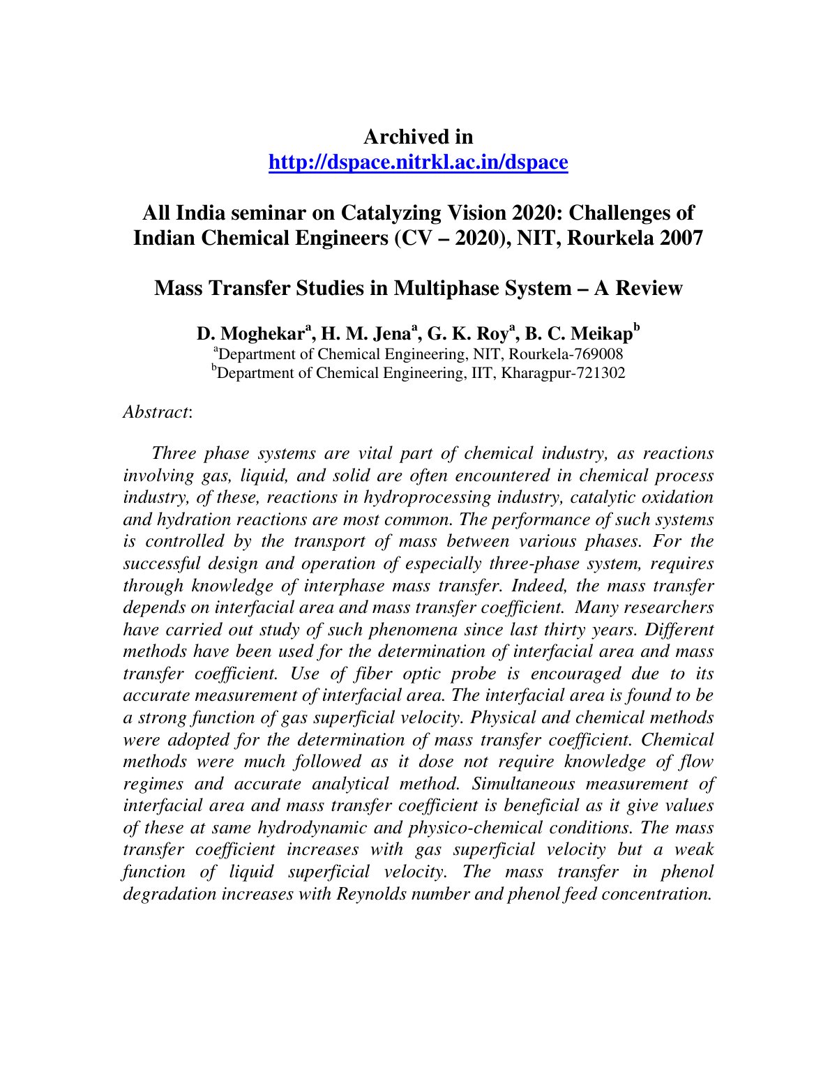 First page of Mass Transfer Studies in Multiphase Syst
