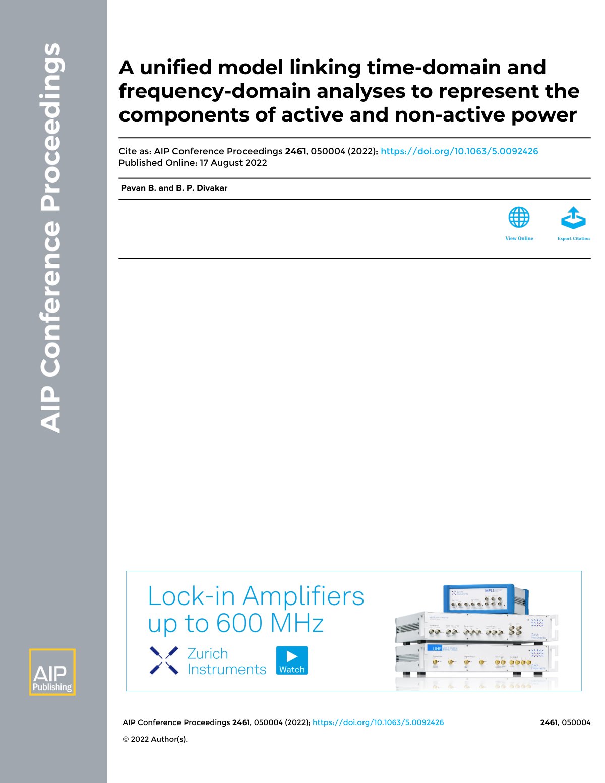 First page of A Unified Model Linking Time-Domain and Frequency-Domain Analyses to Represent the Components of Active and Non-Active Power