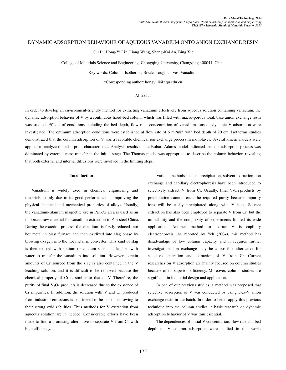 First page of DYNAMIC ADSORPTION BEHA VIOUR OF AQUEOUS V ANADIUM ONTO ANION EXCHANGE RESIN