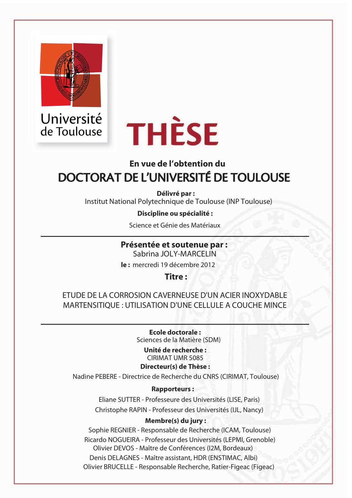 First page of Etude de la corrosion caverneuse d'un acier inoxydable martensitique : utilisation d'une cellule à couches minces