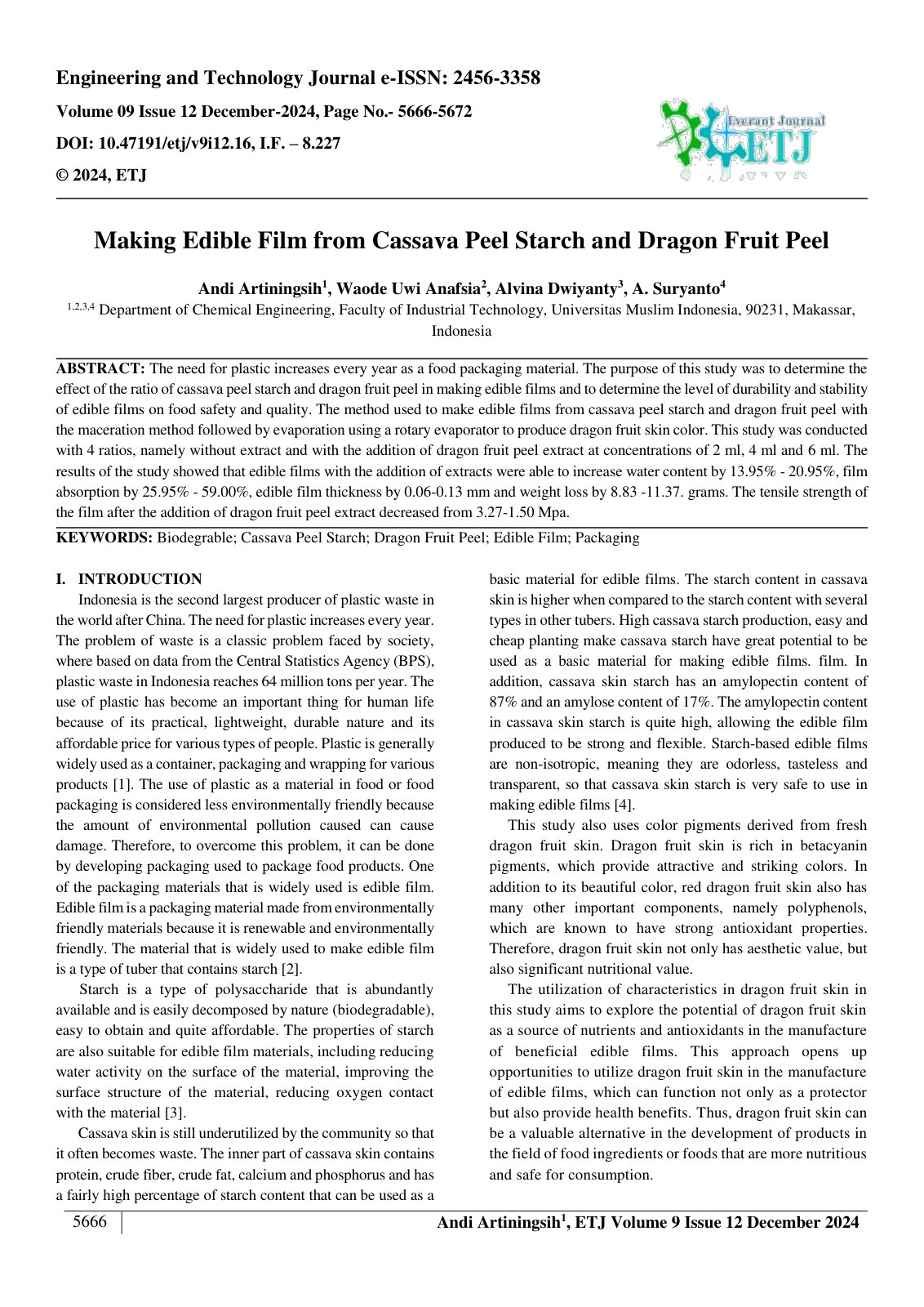 First page of Making Edible Film from Cassava Peel Starch and Dragon Fruit Peel 