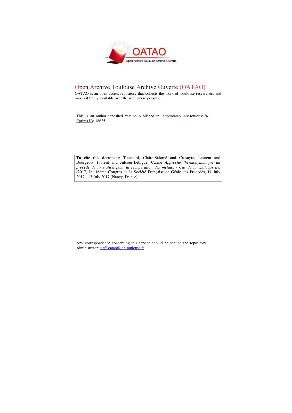 First page of Approche thermodynamique du procédé de lixiviation pour la récupération des métaux - Cas de la chalcopyrite