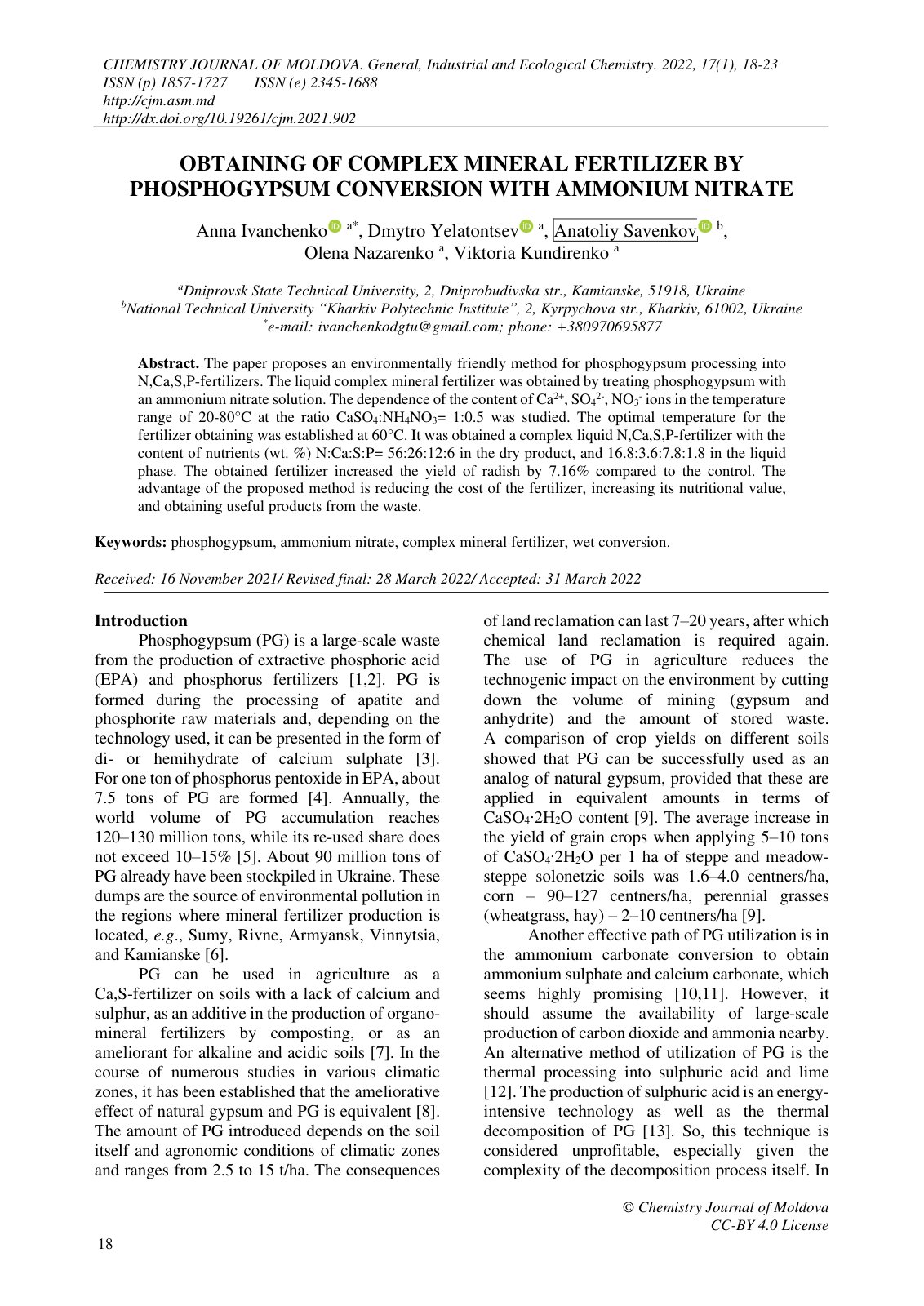 First page of OBTAINING OF COMPLEX MINERAL FERTILIZER