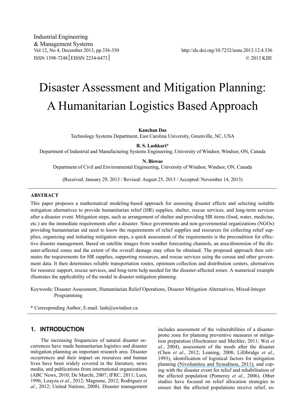 First page of Disaster Assessment and Mitigation Plann
