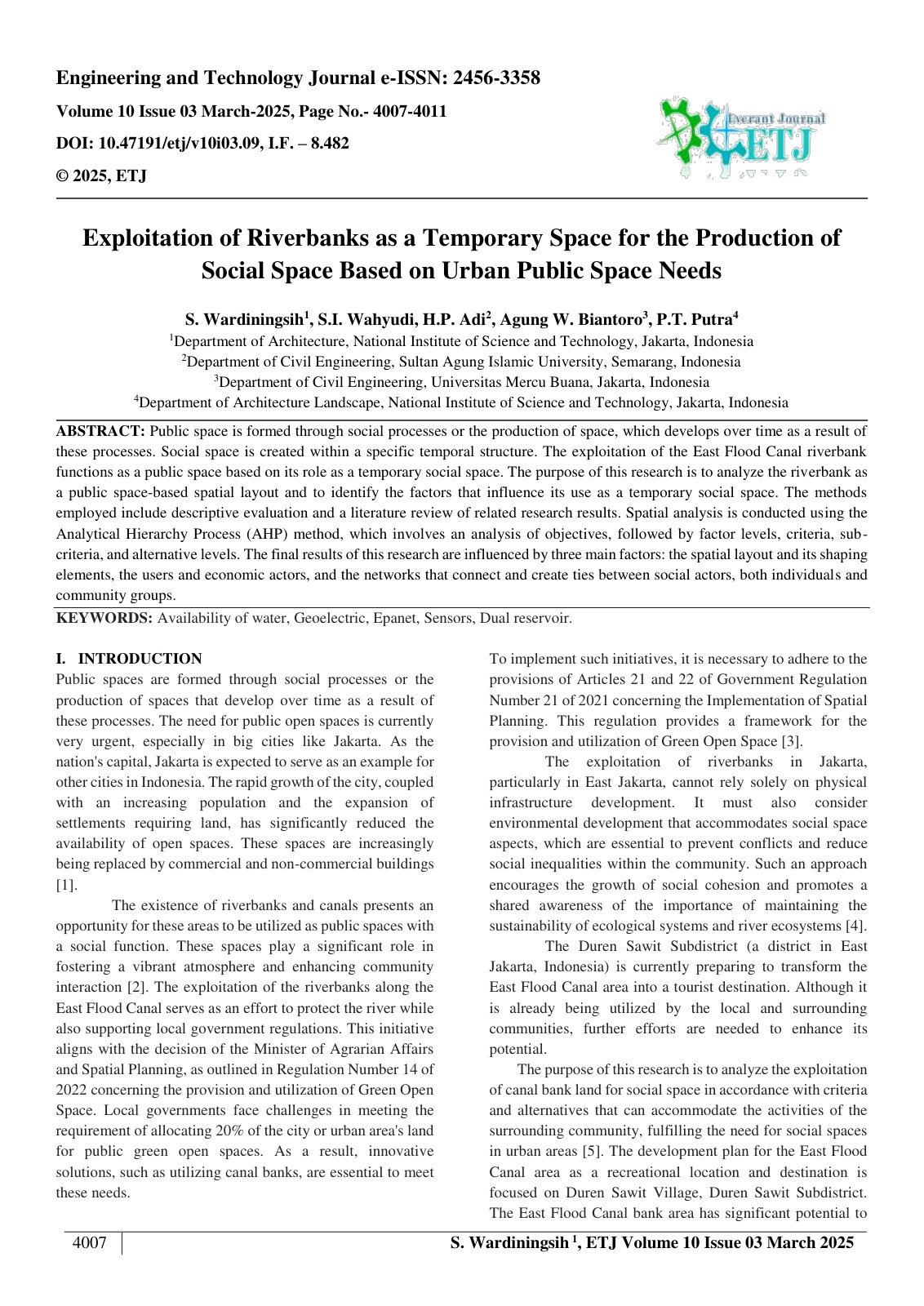 First page of Exploitation of Riverbanks as a Temporary Space for the Production of  Social Space Based on Urban Public Space Needs  