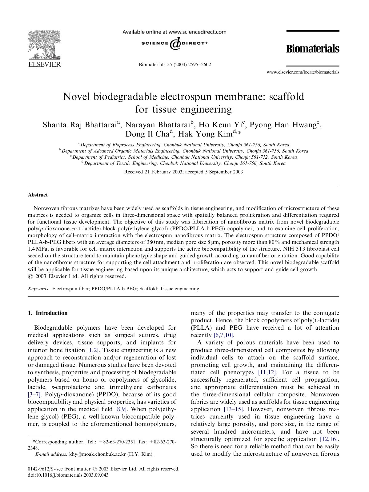 First page of Novel biodegradable electrospun membrane