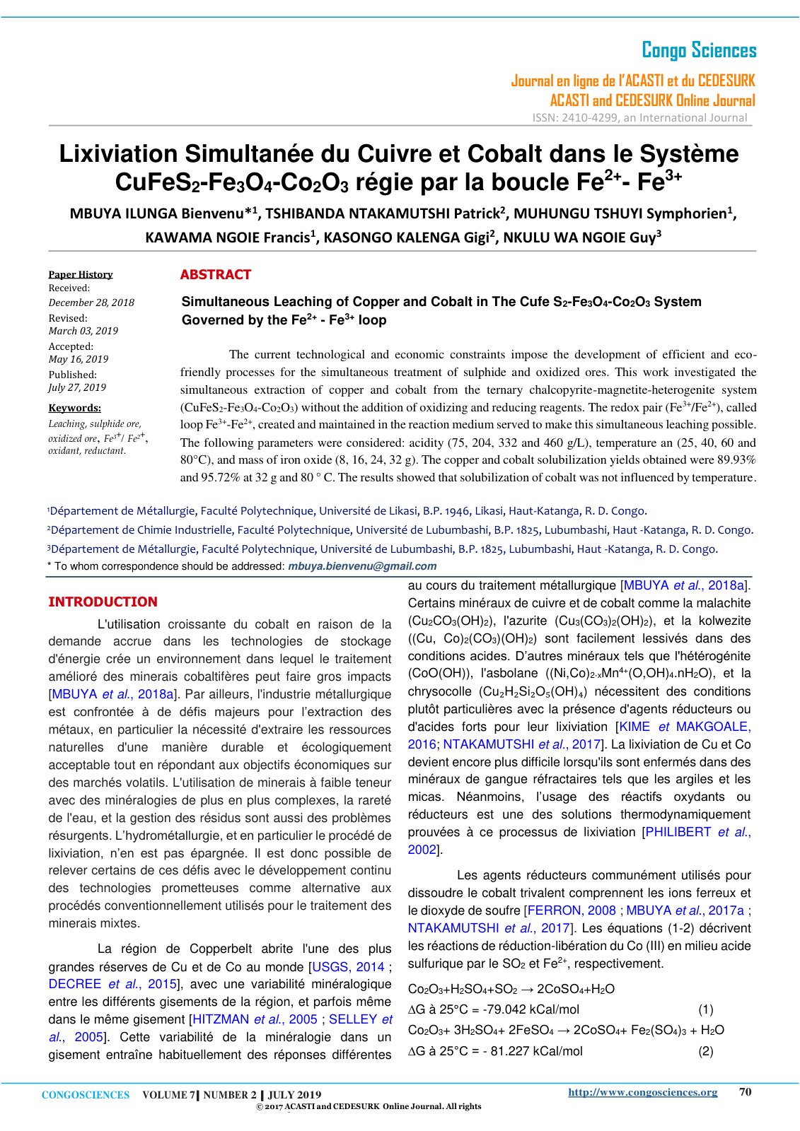 First page of Lixiviation Simultanée du Cuivre et Cobalt dans le Système CuFeS2-Fe3O4-Co2O3 régie par la boucle Fe2+- Fe3+