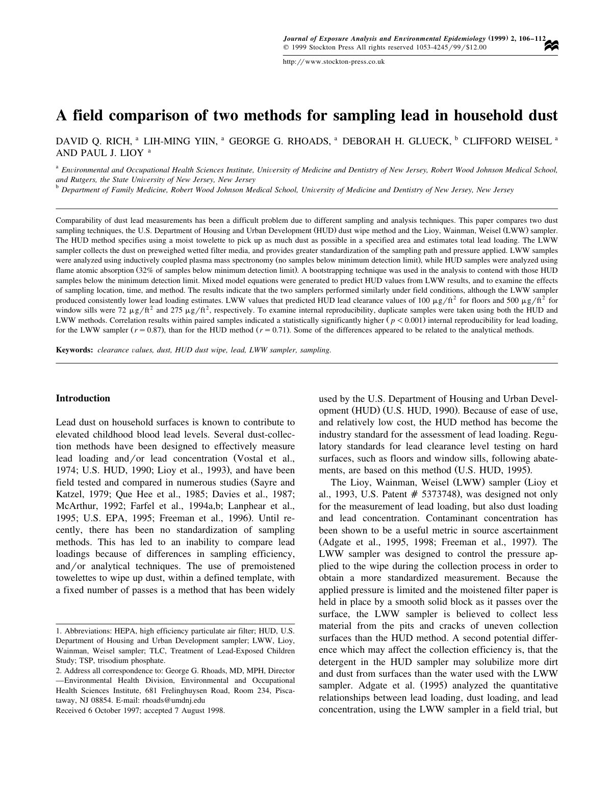 First page of A field comparison of two methods for sampling lead in household dust