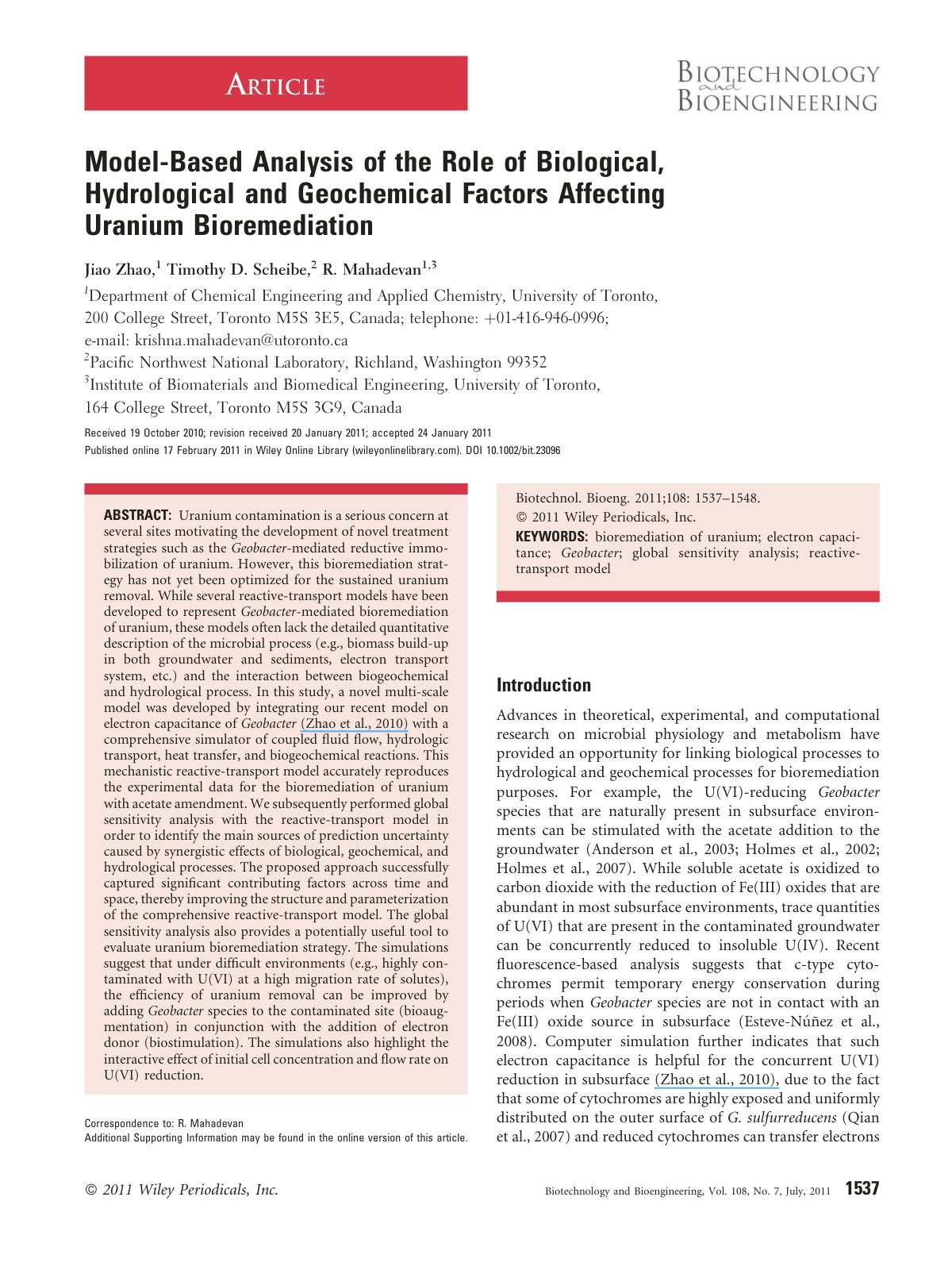 First page of Model-Based Analysis of the Role of Biological, Hydrological and Geochemical Factors Affecting Uranium Bioremediation