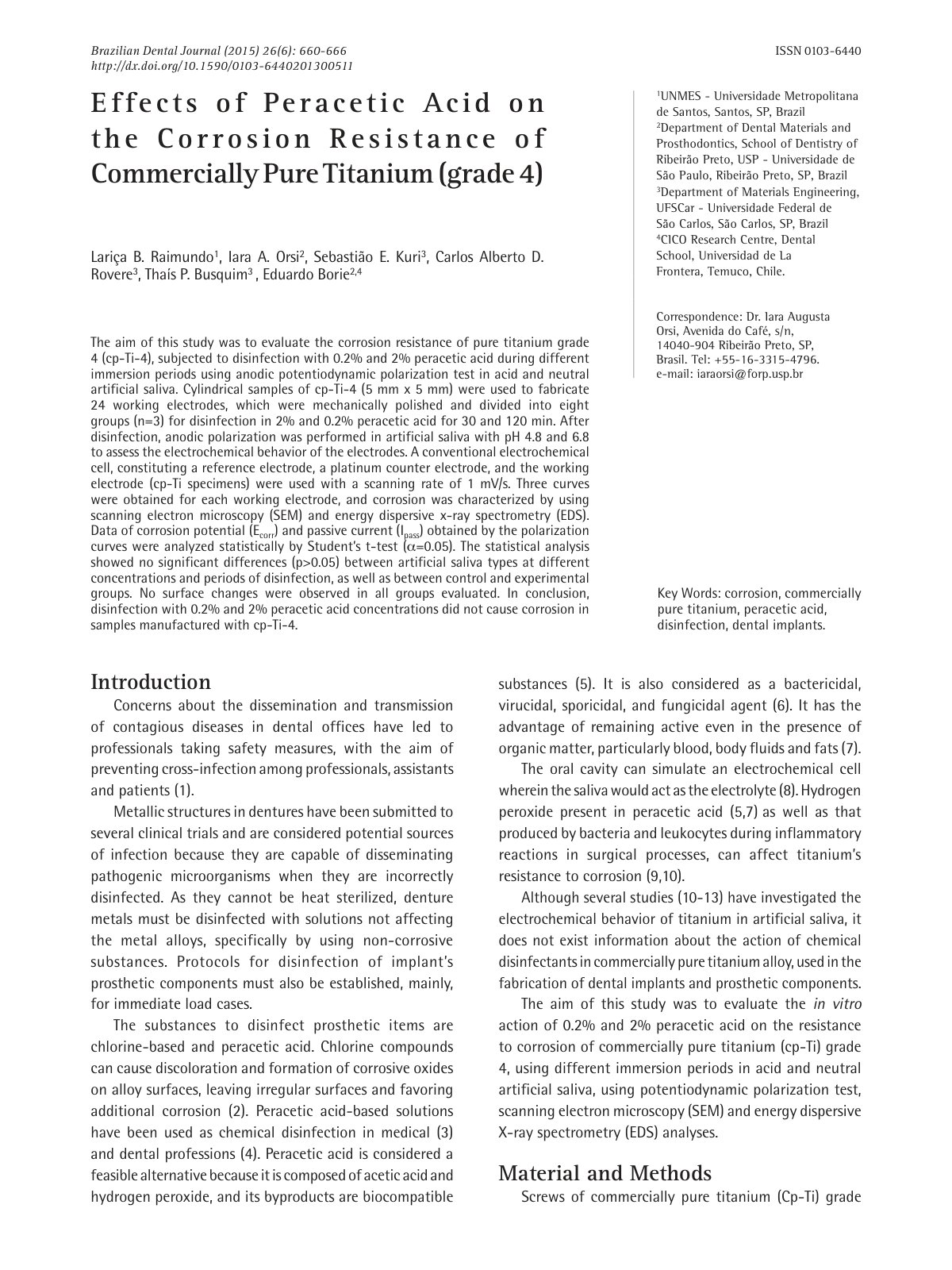 First page of Effects of Peracetic Acid on the Corrosion Resistance of Commercially Pure Titanium (grade 4)