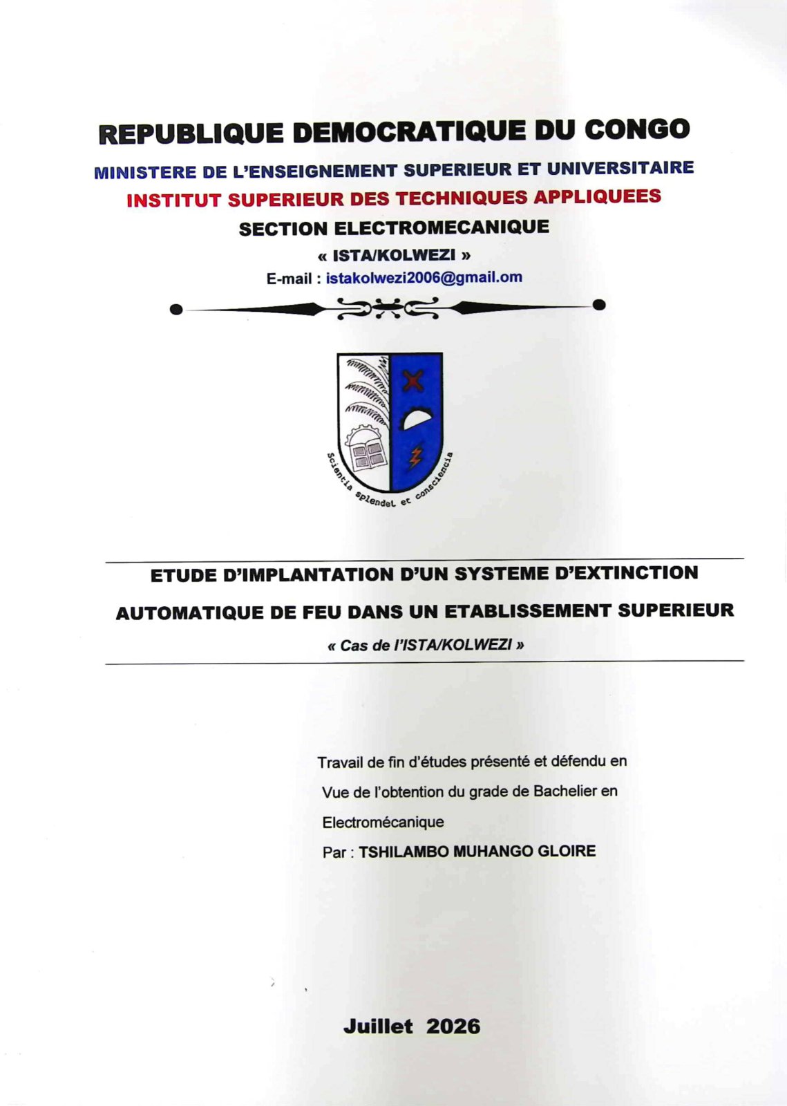 First page of ETUDE D'IMPLANTATION D'UN SYSTEME D'EXTINCTION AUTOMATIQUE DE FEU DANS UN ETABLISSEMENT SUPERIEUR « Cas de /'ISTAIKOLWEZI »