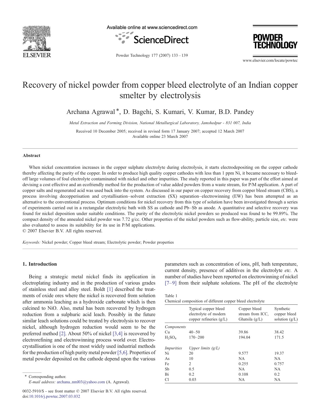 First page of Recovery of nickel powder from copper bleed electrolyte of an Indian copper smelter by electrolysis