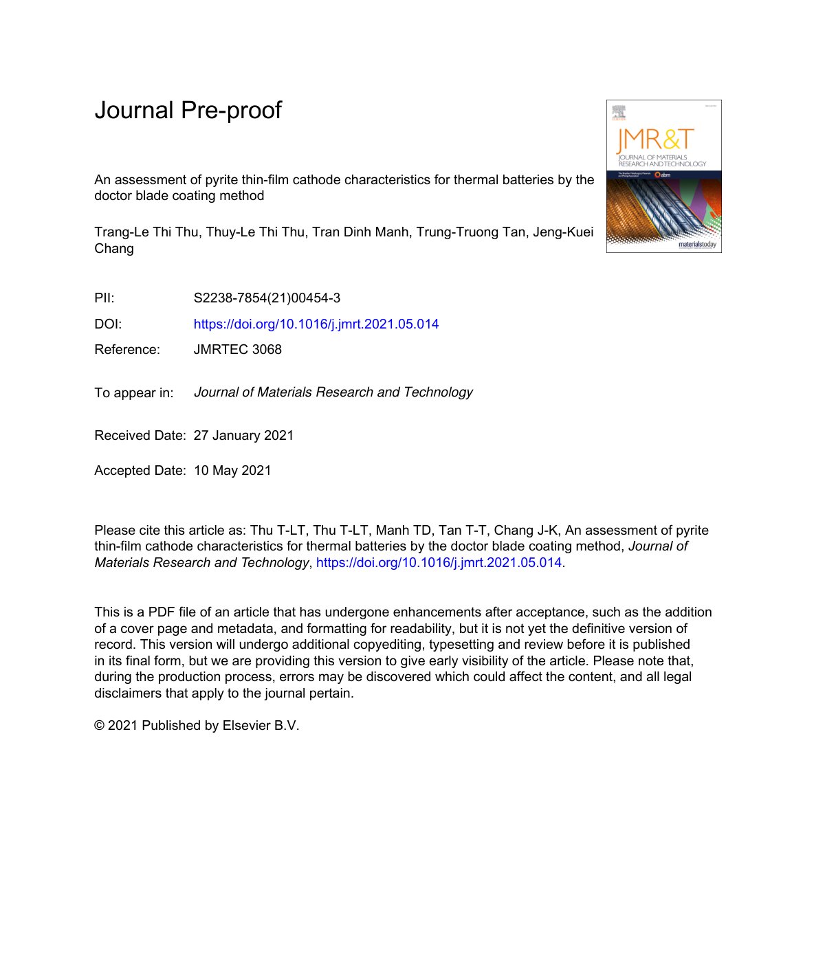 First page of An assessment of pyrite thin-film cathode characteristics for thermal batteries by the doctor blade coating method