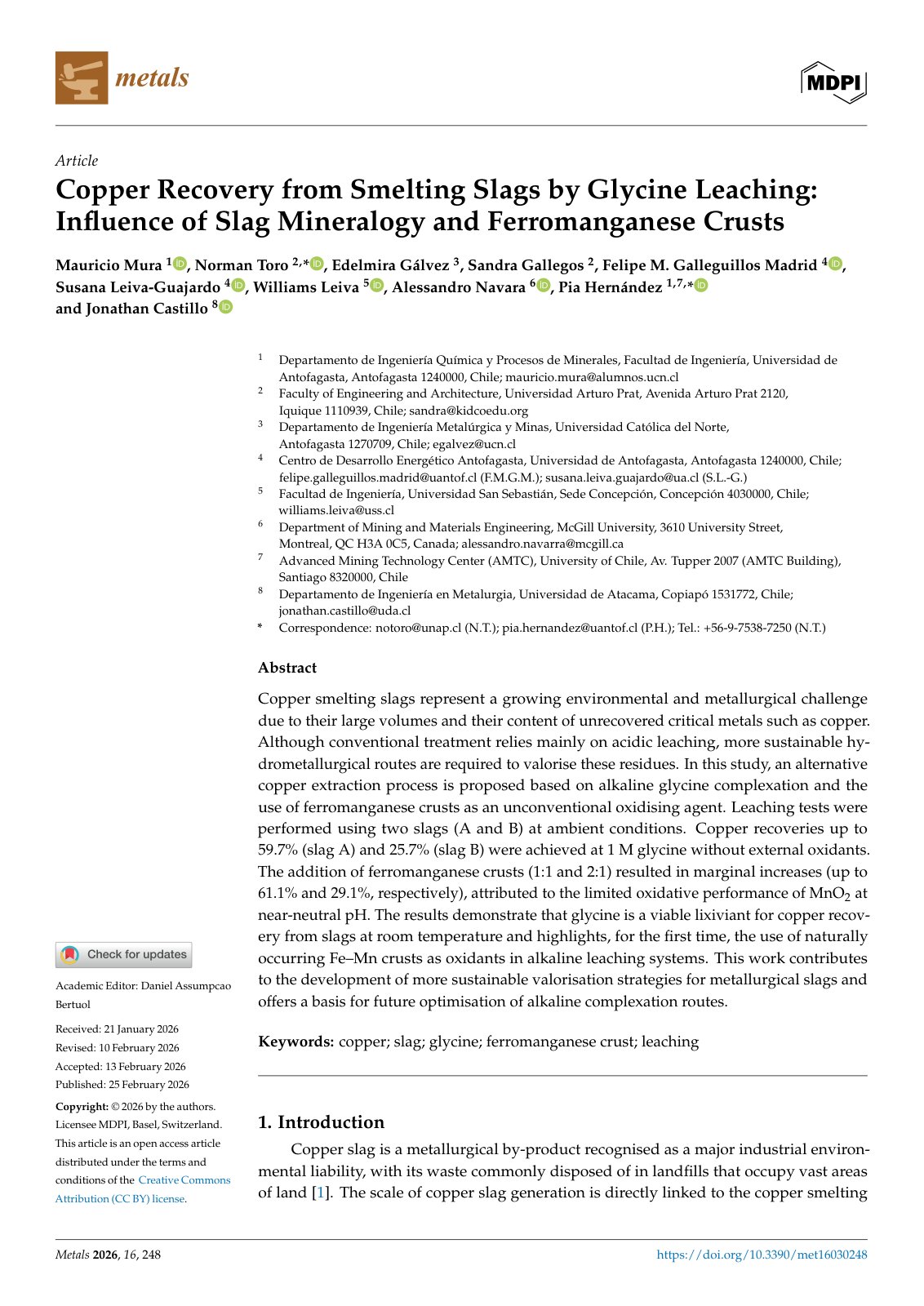 First page of 2026   Mura   Copper recovery from smelting slags by glycine