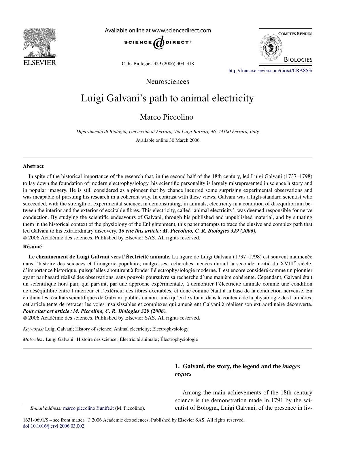 First page of Luigi Galvani’s path to animal electricity