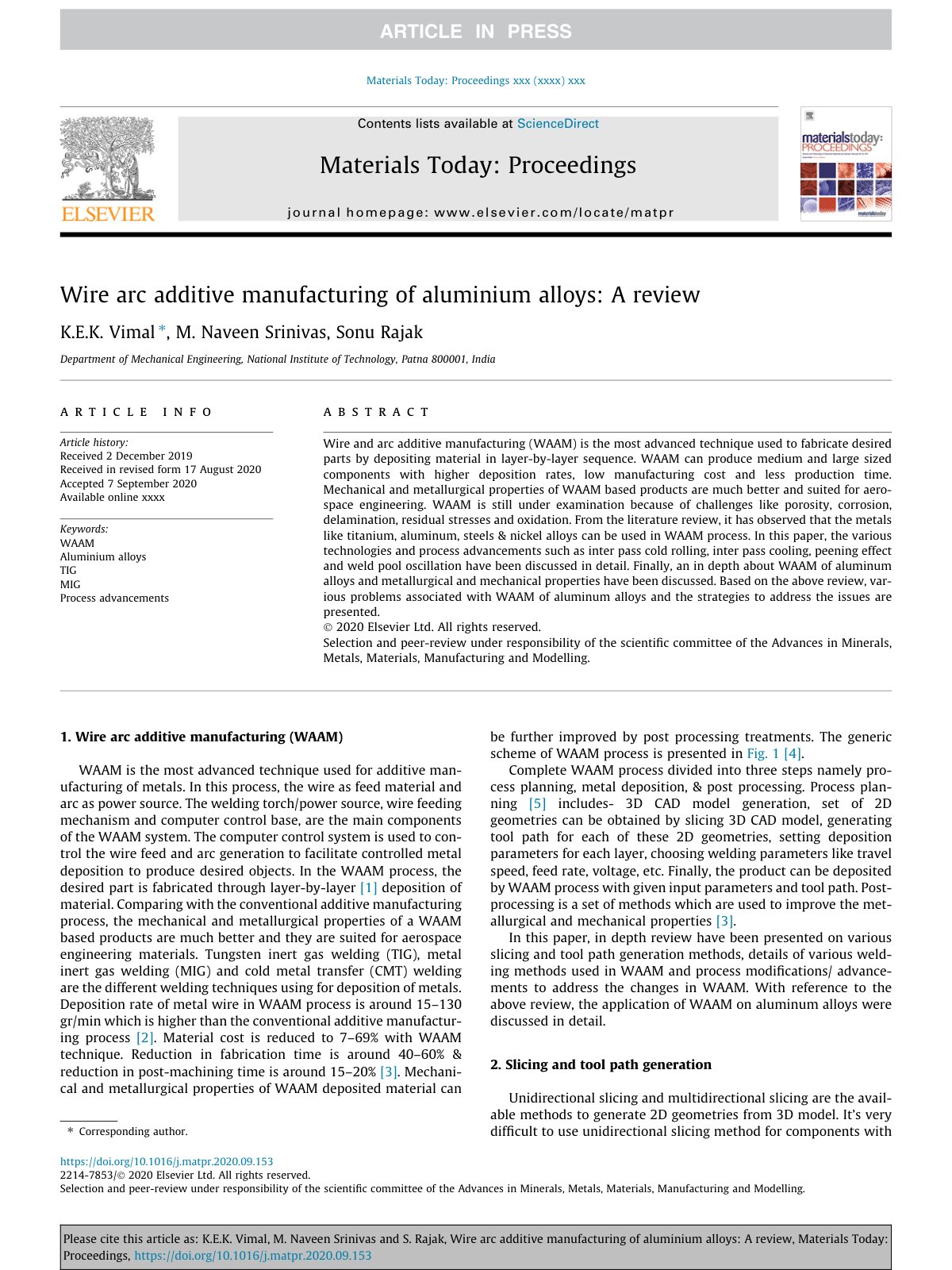 First page of Wire arc additive manufacturing of aluminium alloys: A review
