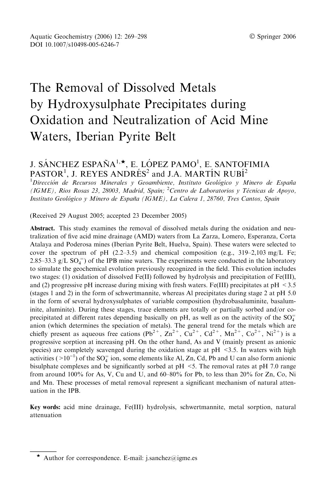 First page of The Removal of Dissolved Metals by Hydroxysulphate Precipitates during Oxidation and Neutralization of Acid Mine Waters, Iberian Pyrite Belt