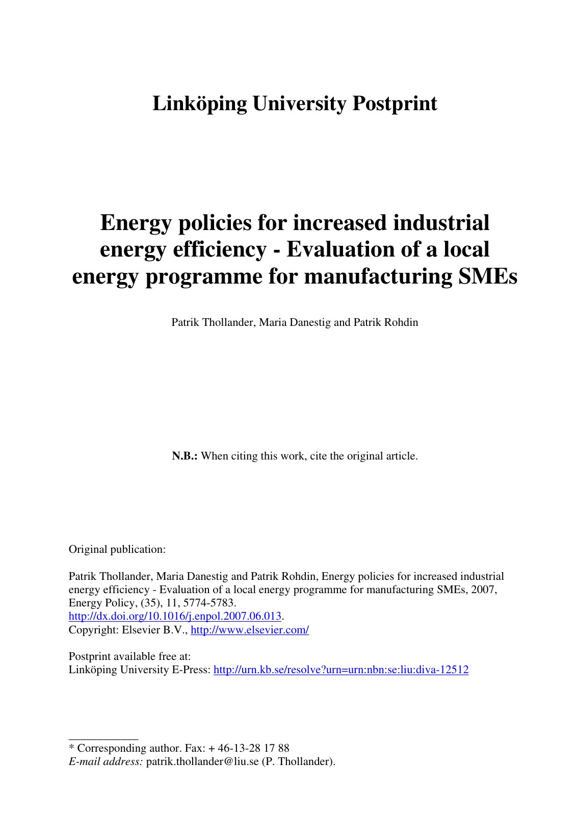 First page of Energy policies for increased industrial