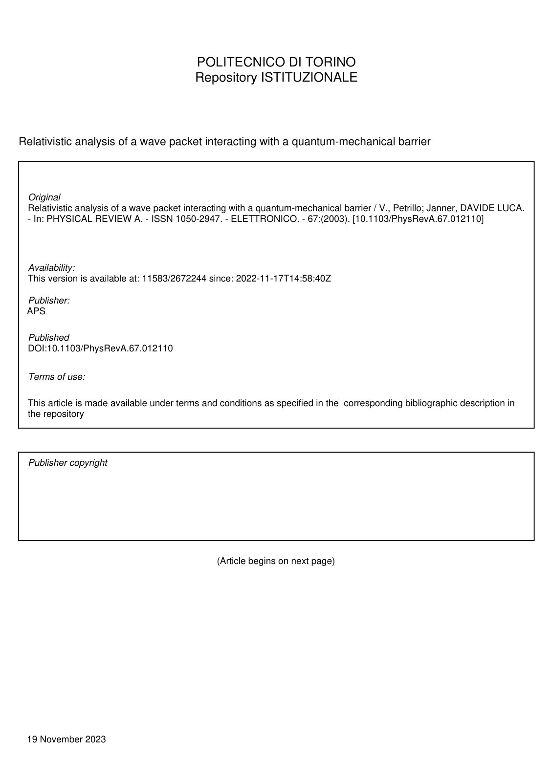 First page of Relativistic analysis of a wave packet i