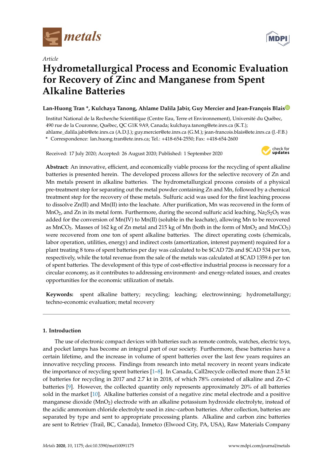 First page of 2020   Tran   Hydrometallurgical Process and Economic Evaluation for Recovery of Zinc and