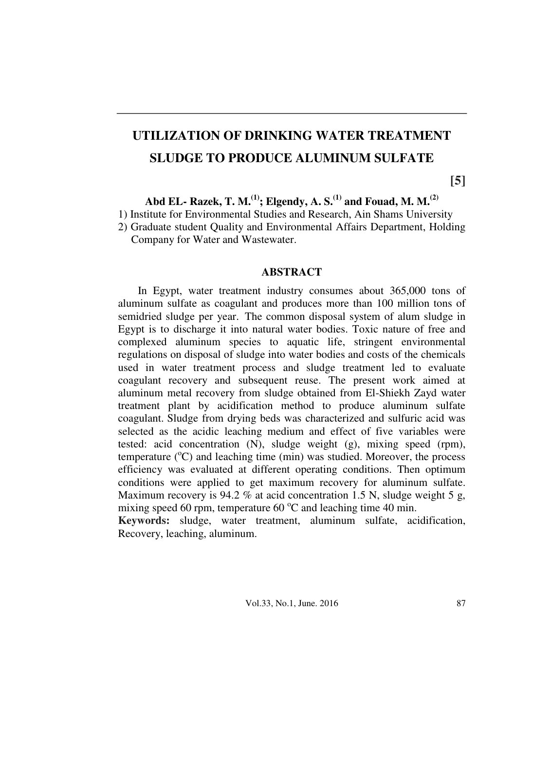 First page of UTILIZATION OF DRINKING WATER TREATMENT SLUDGE TO PRODUCE ALUMINUM SULFATE