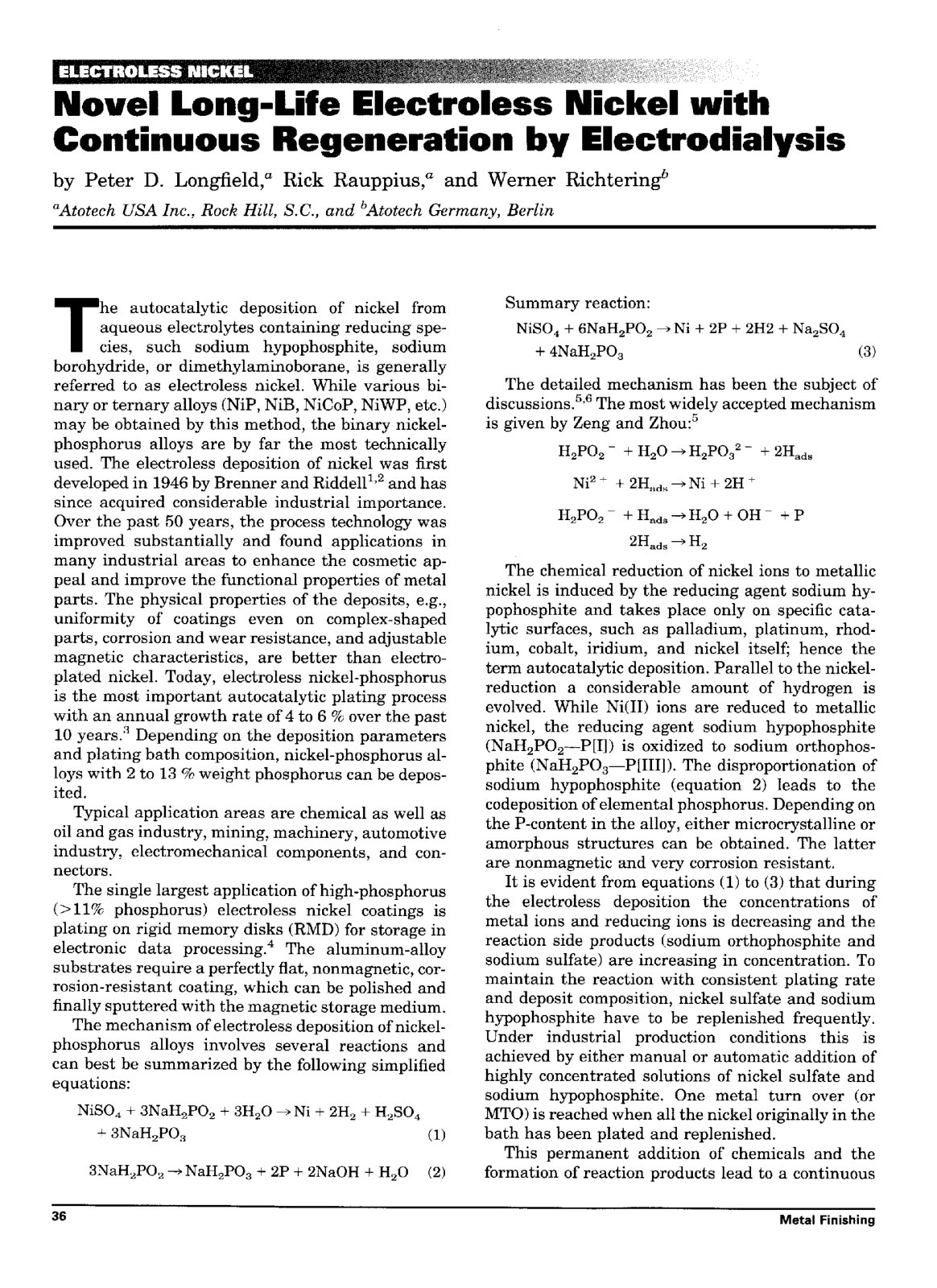 First page of Novel Long-Life Electroless Nickel with Continuous Regeneration by Electrodialysis