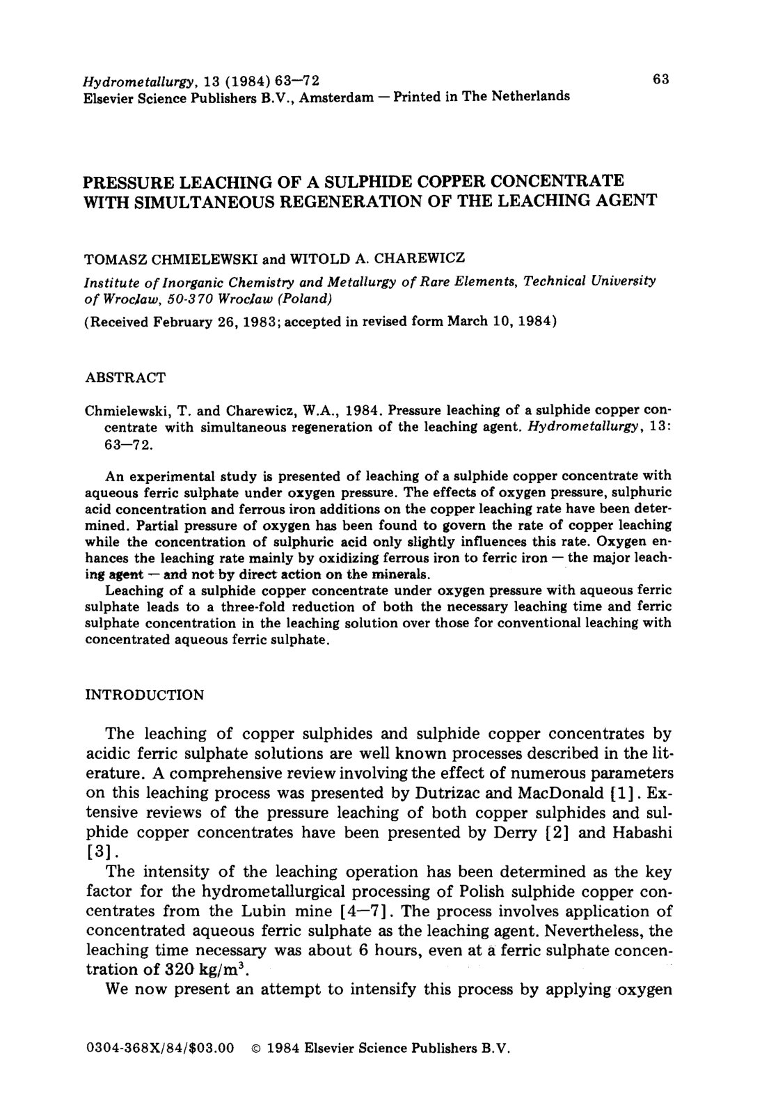 First page of Pressure leaching of a sulphide copper concentrate with simultaneous regeneration of the leaching agent