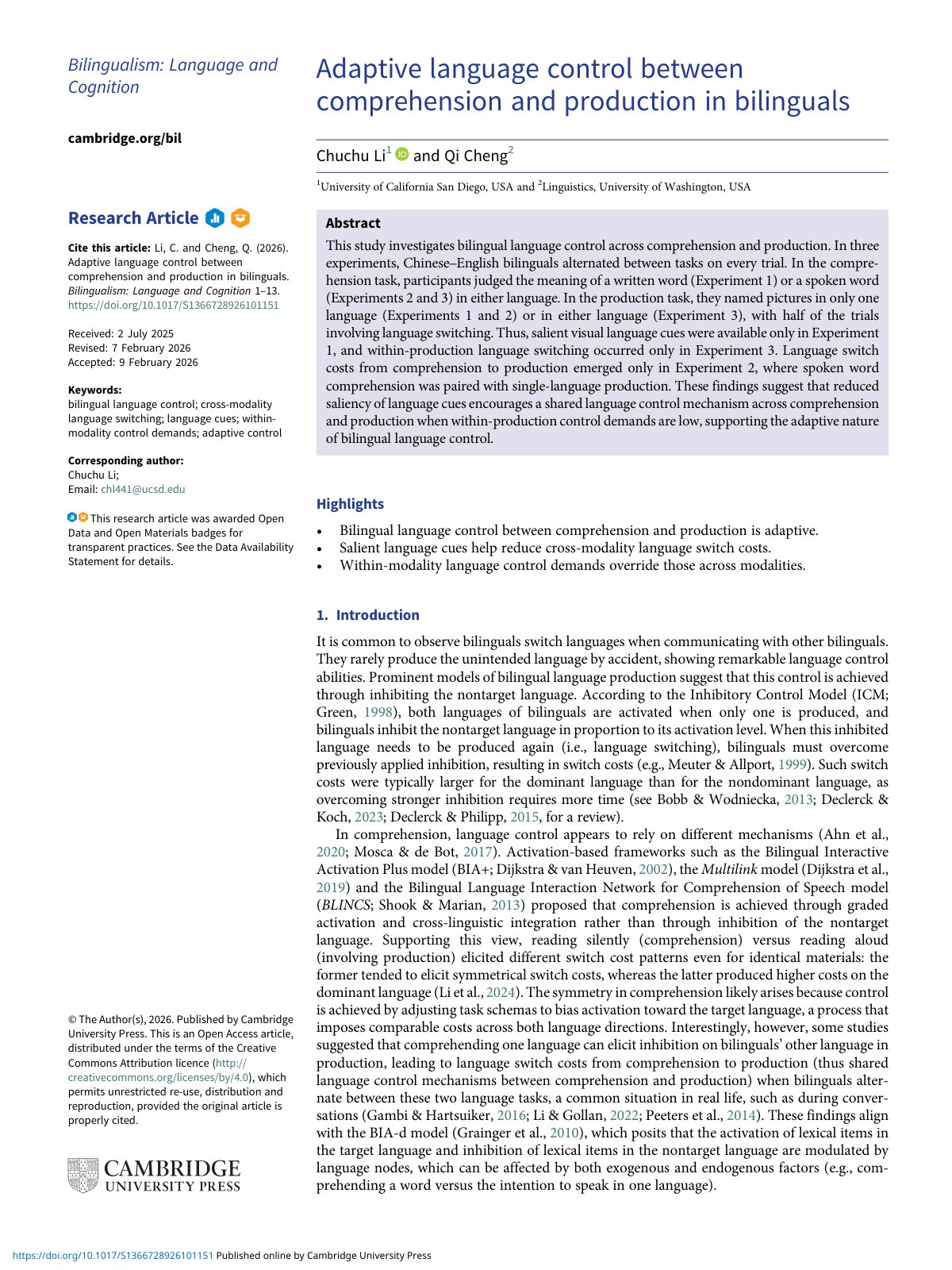 First page of Adaptive language control between comprehension an