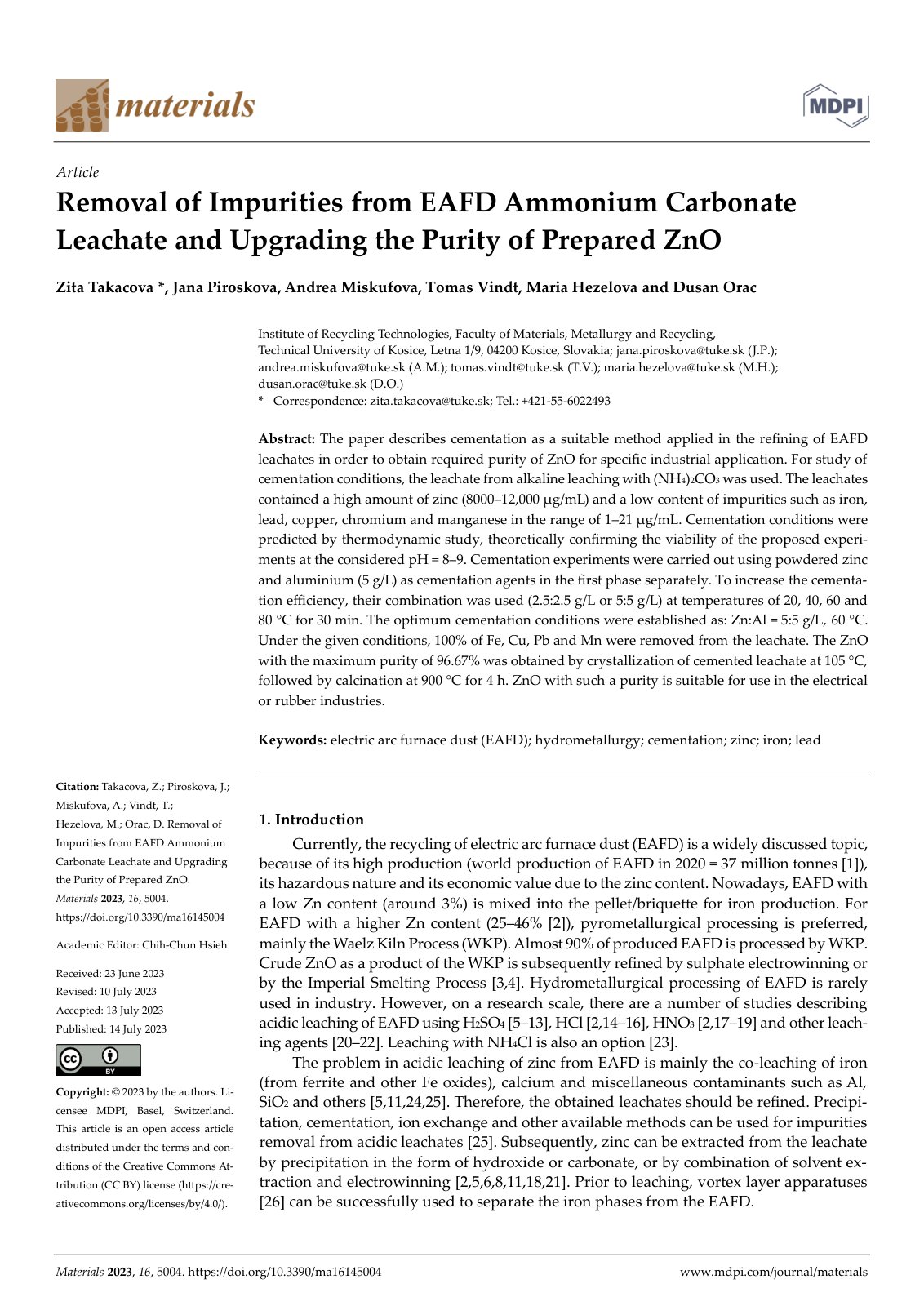 First page of Removal of Impurities from EAFD Ammonium Carbonate Leachate and Upgrading the Purity of Prepared ZnO
