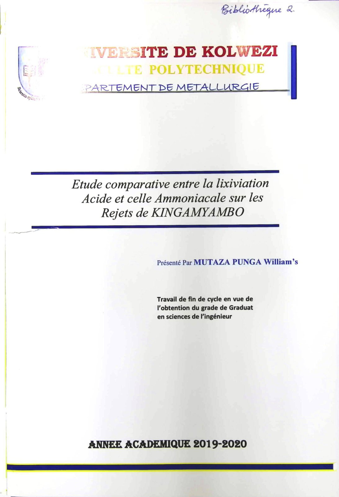 First page of Etude comparative entre la lixiviation Acide et celle Ammoniacale sur les Rejets de KINGAMYAMBO