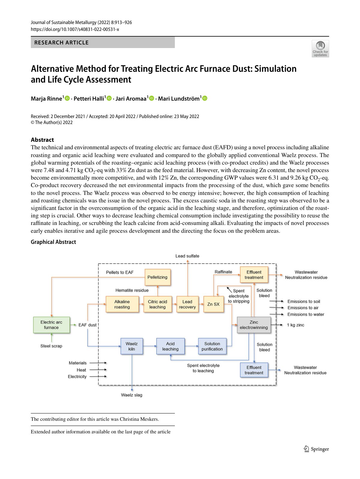 First page of Alternative Method for Treating Electric Arc Furnace Dust: Simulation and Life Cycle Assessment