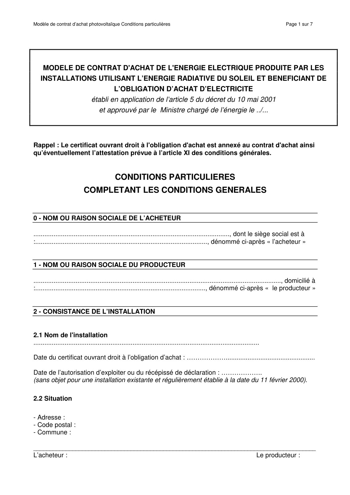 First page of Modèle de contrat d’achat photovoltaïque Conditions particulières