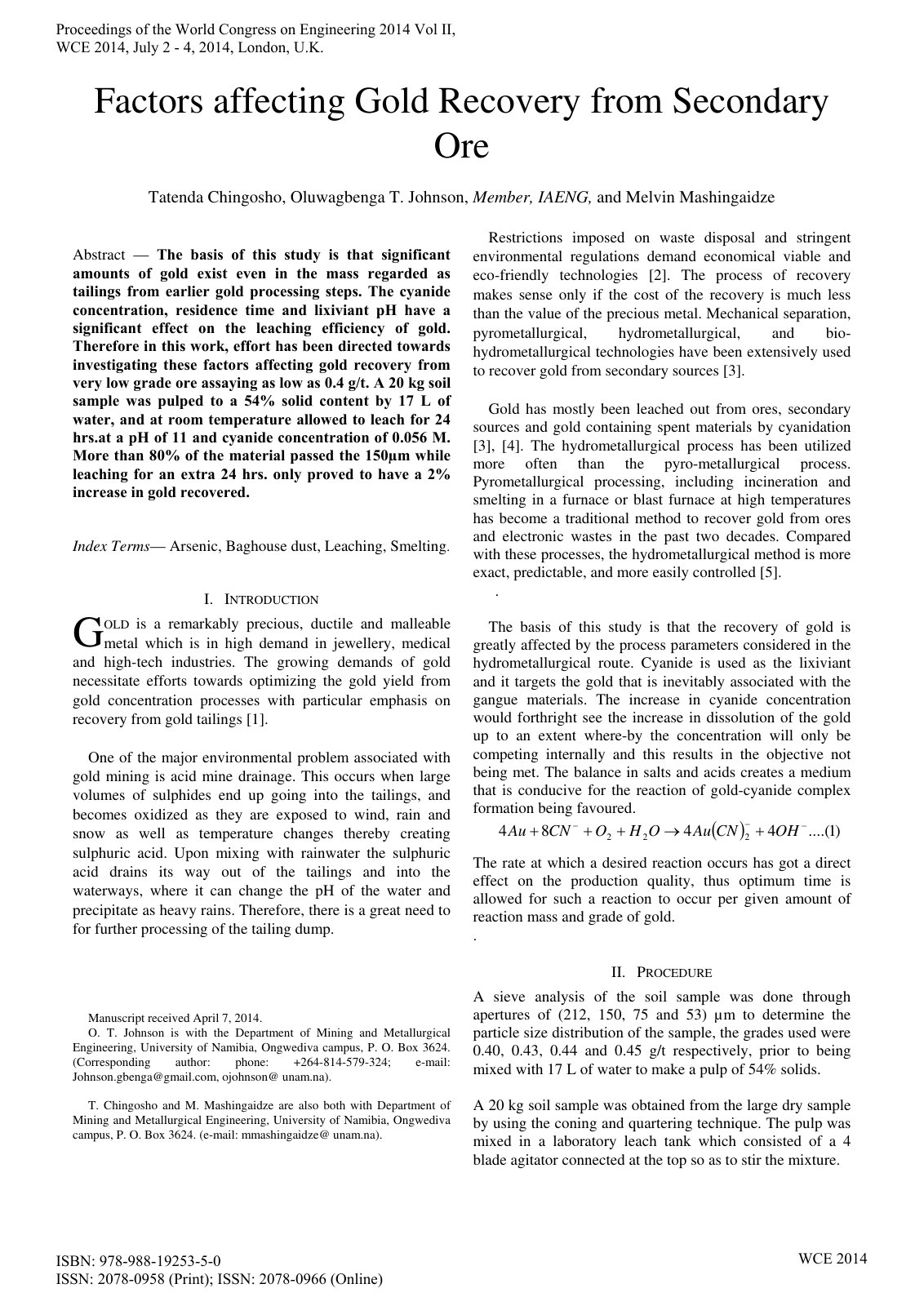 First page of Factors affecting Gold Recovery from Sec