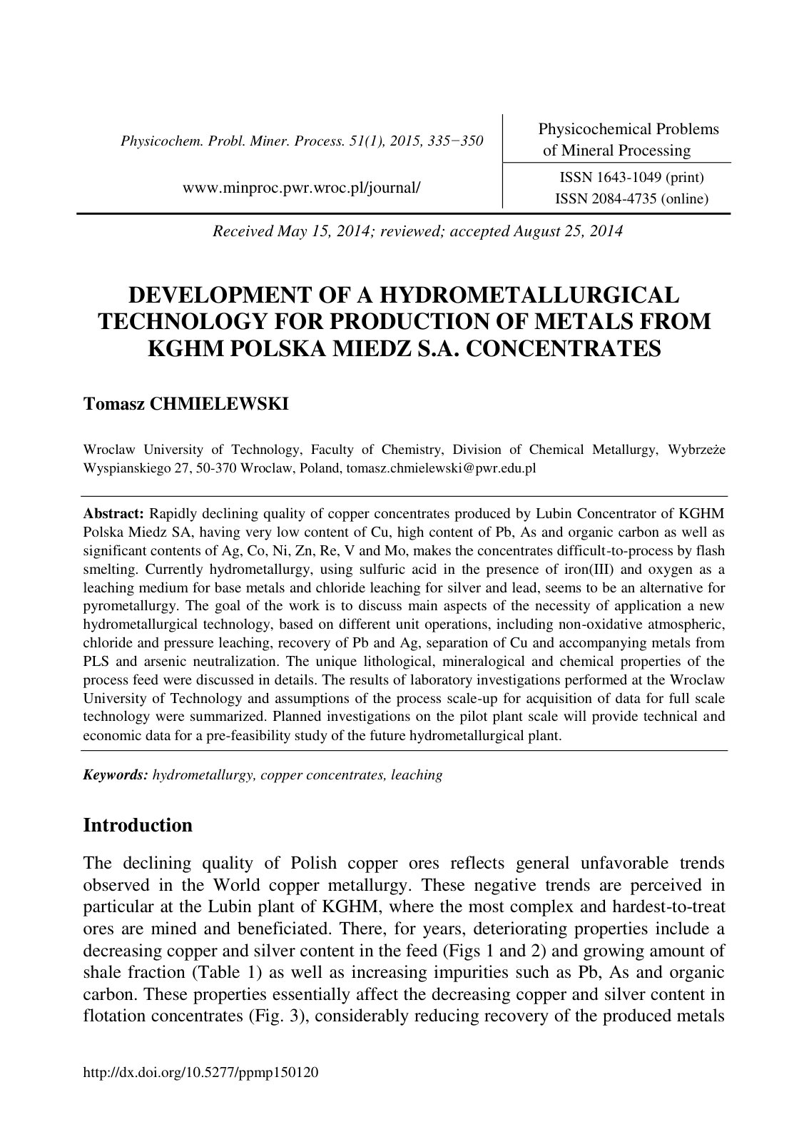 First page of Development of a hydrometallurgical technology for production of metals from KGHM Polska Miedz S.A. concentrates